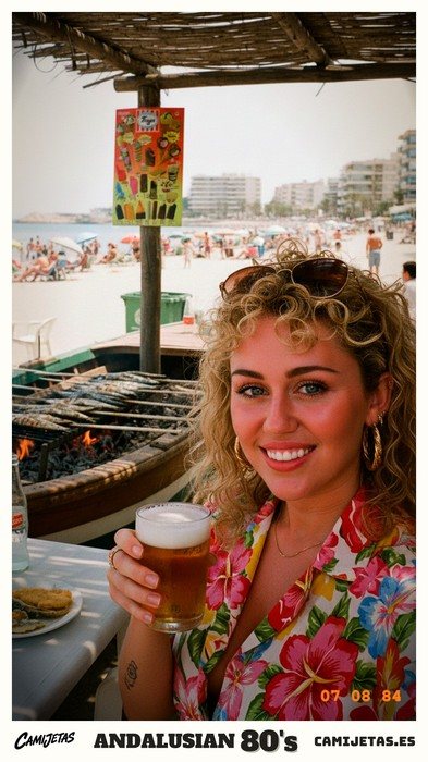 Tarjeta: El chiringuito de la costa: espetos en la barca y la playa de Torremolinos al fondo