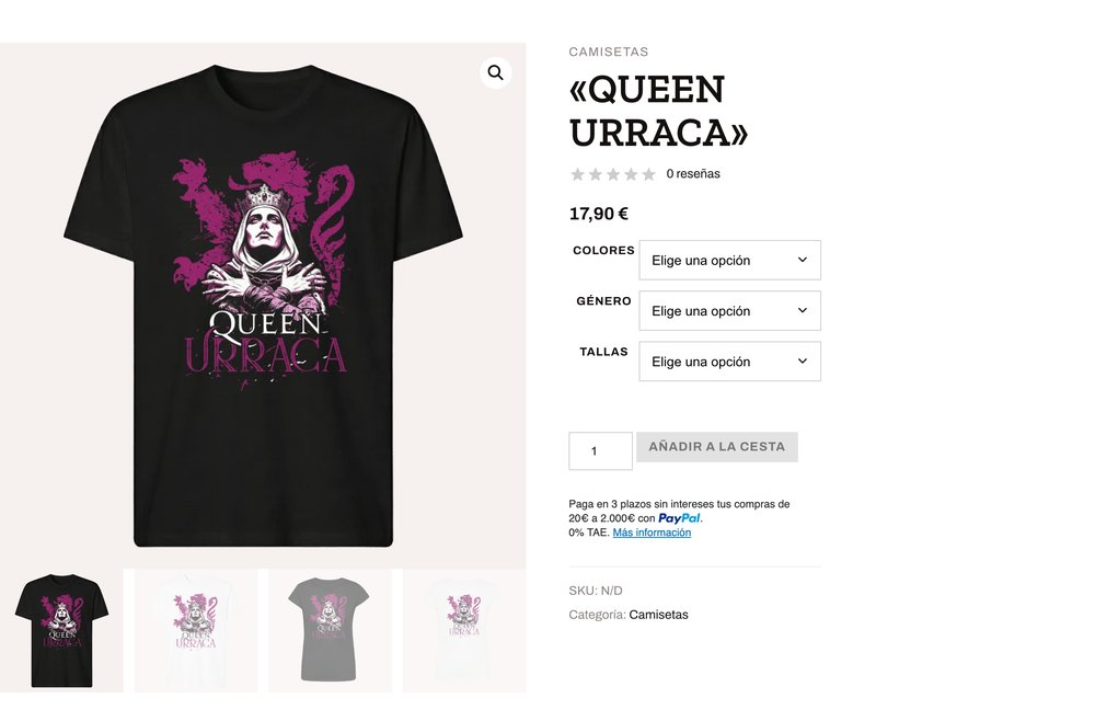 Ficha del producto Queen Urraca, con color, género y talla